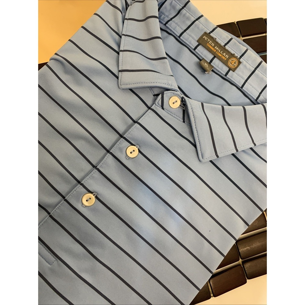 Peter Millar Summer Comfort Men XLarge‎ Blue Button Golf Striped Shirt Polo